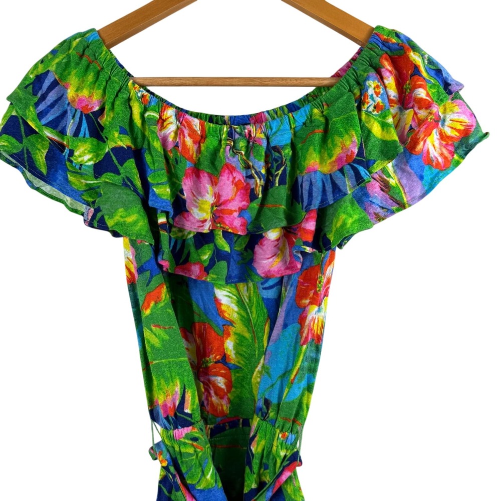 Lauren Ralph Lauren Tropical Floral Linen Top XXS Blue Green‎ Boho Resort Ruffle - Picture 3 of 8